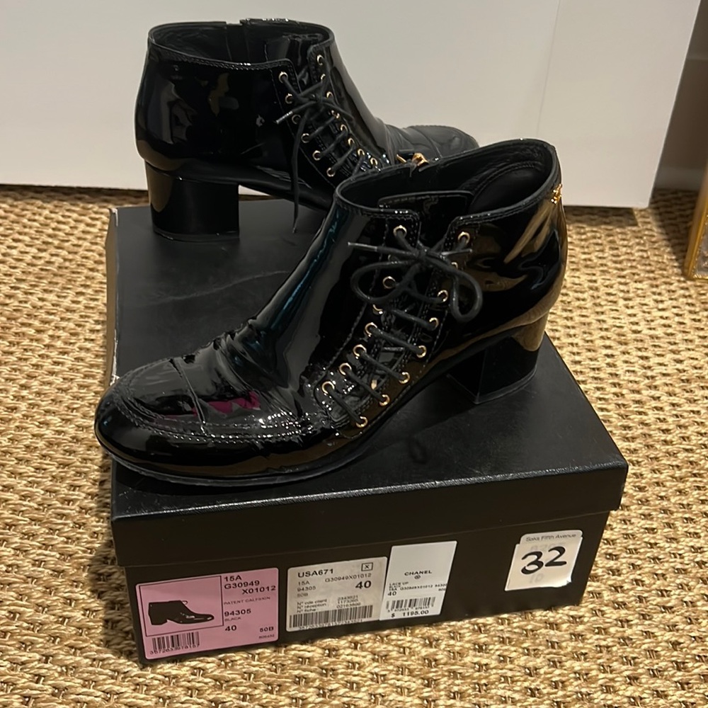 Chanel Patent Leather lace up black booties with a side zip with 2 inch heel